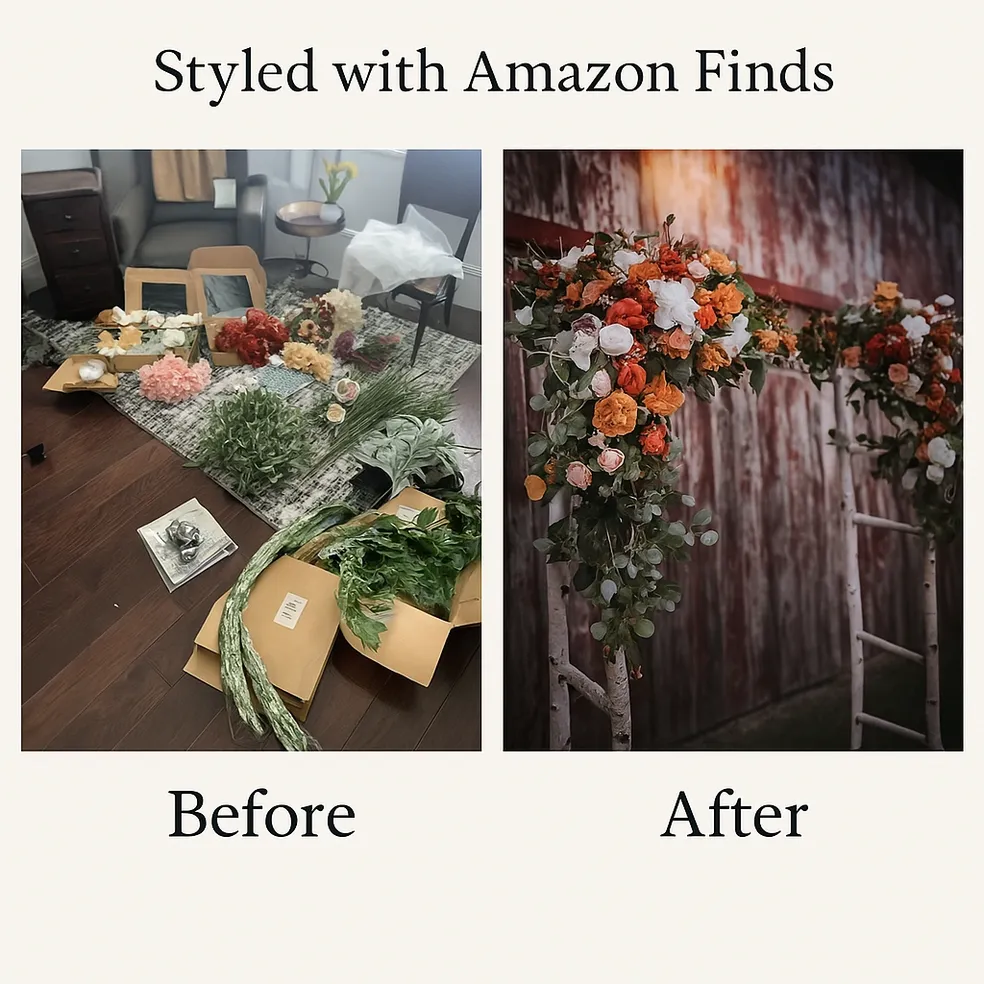 Before and after — Amazon flowers laid out on the floor, then beautifully assembled on the birch arch