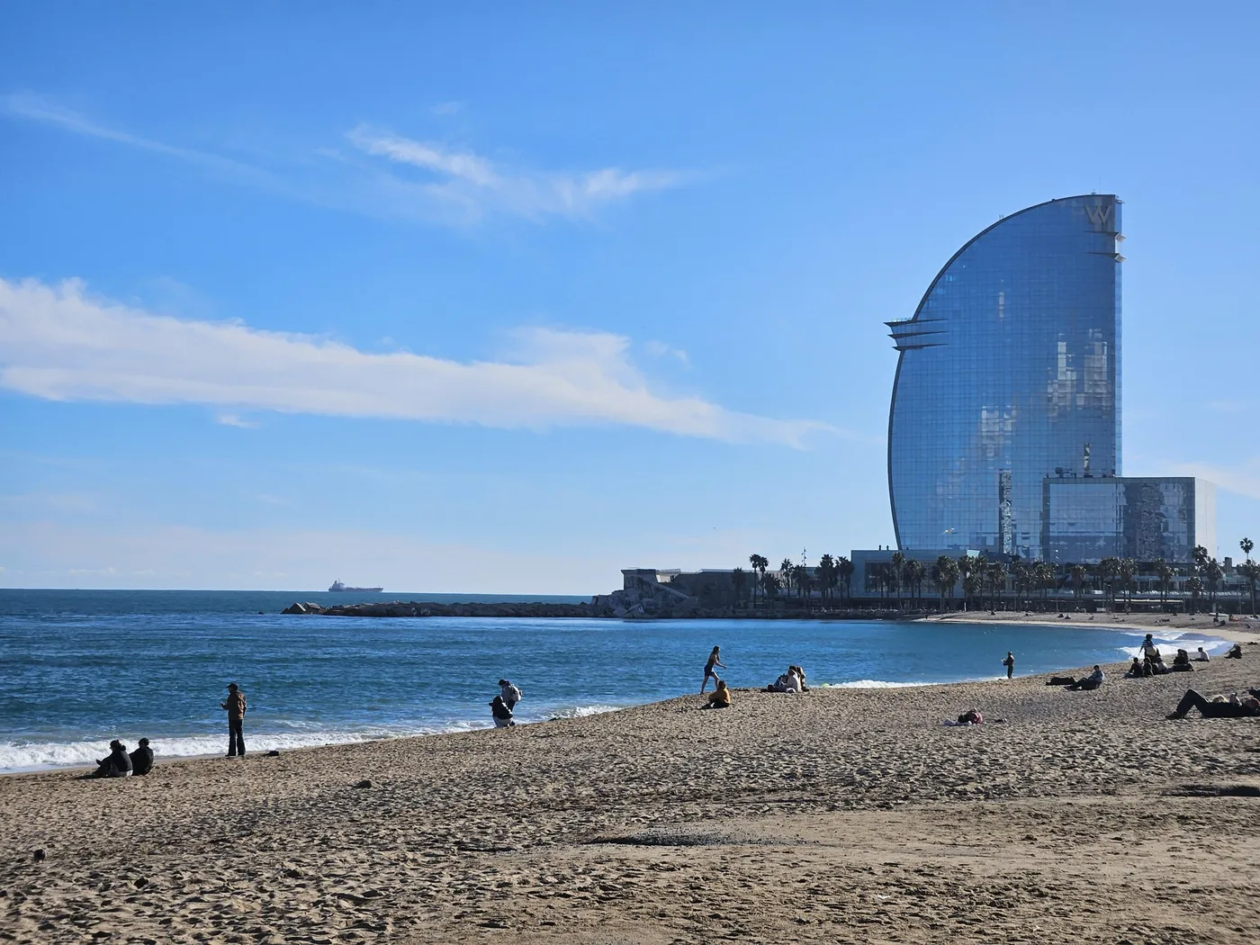 Barceloneta beach with the W Barcelona hotel in the distance