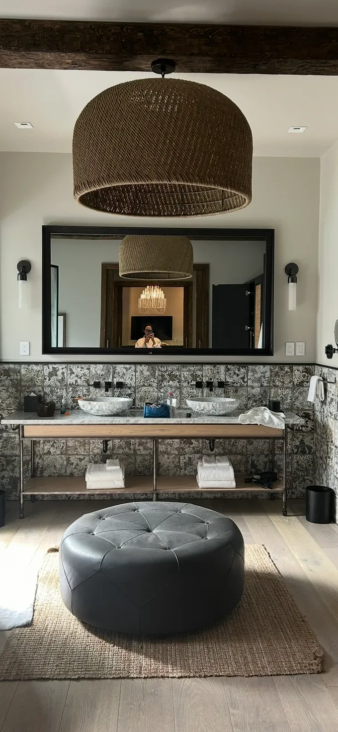 The stunning cottage bathroom at Southall — woven pendant light, double vessel sinks, patterned tile backsplash and leather tufted ottoman