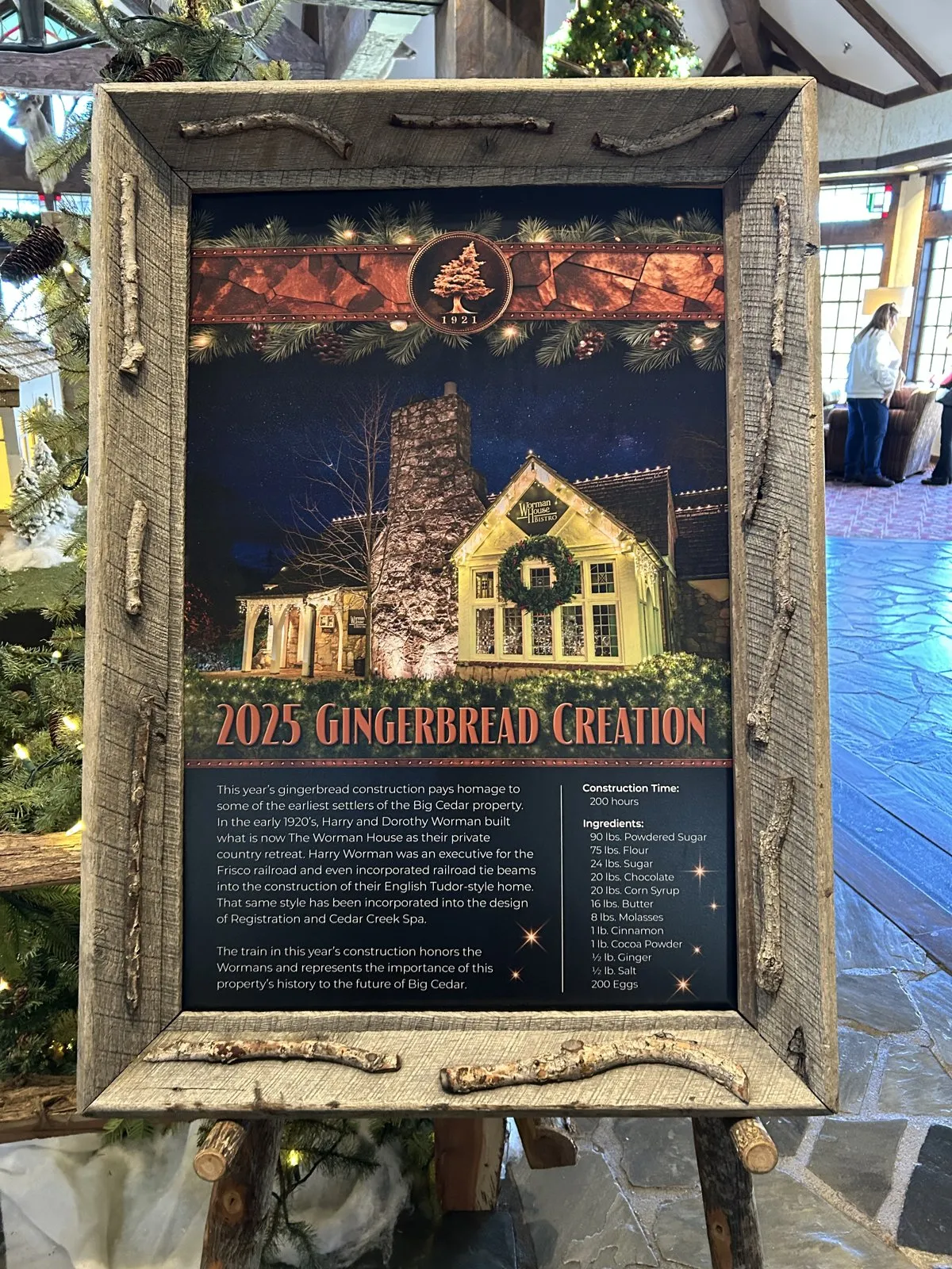 Sign describing the 2025 gingerbread creation and its ingredients