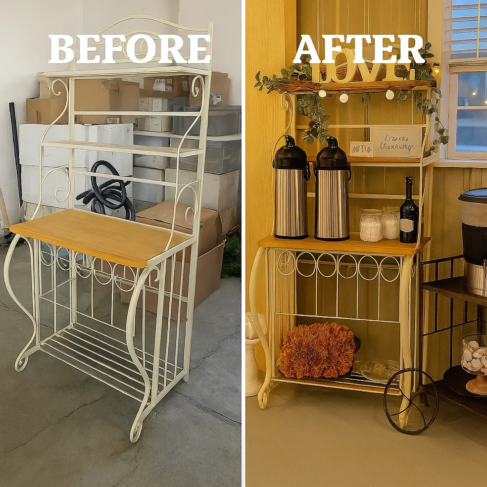 Before and after — a baker's rack transformed into a coffee station with LOVE sign