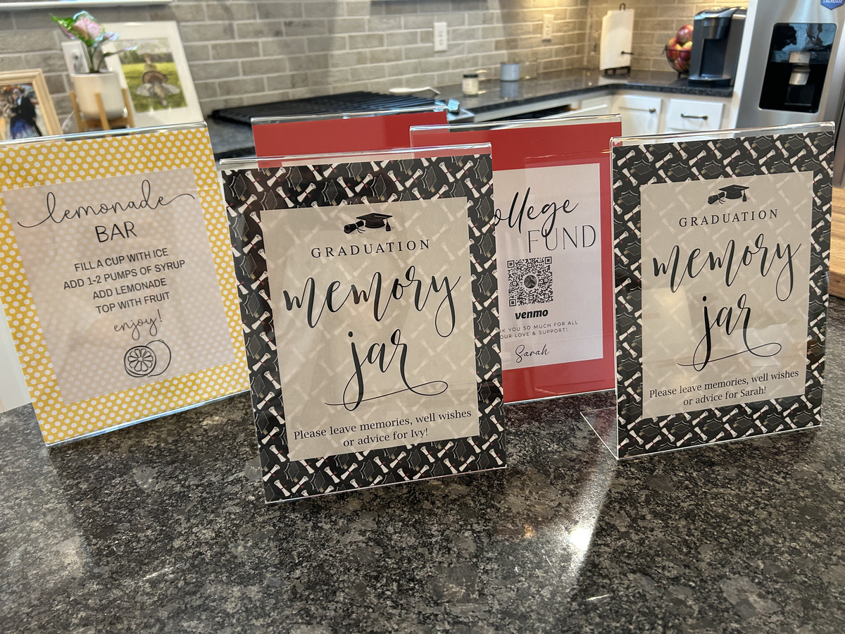Lemonade Bar sign, two Graduation Memory Jar signs, and a College Fund Venmo QR code sign