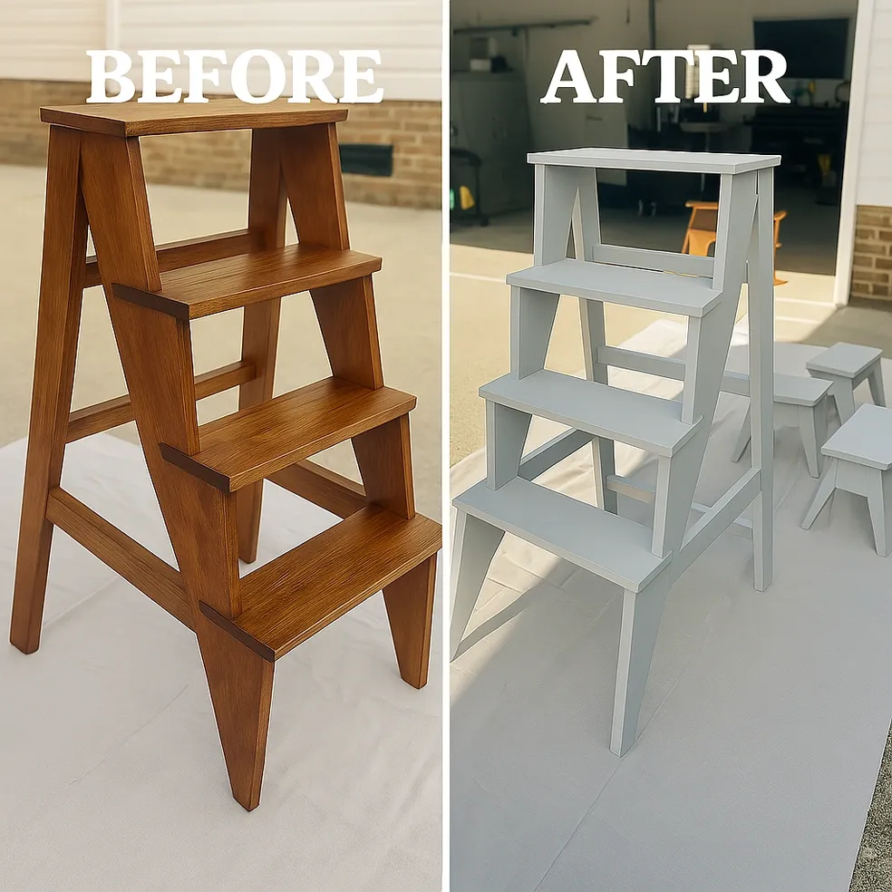 Before and after — wooden ladder painted grey for wedding decor