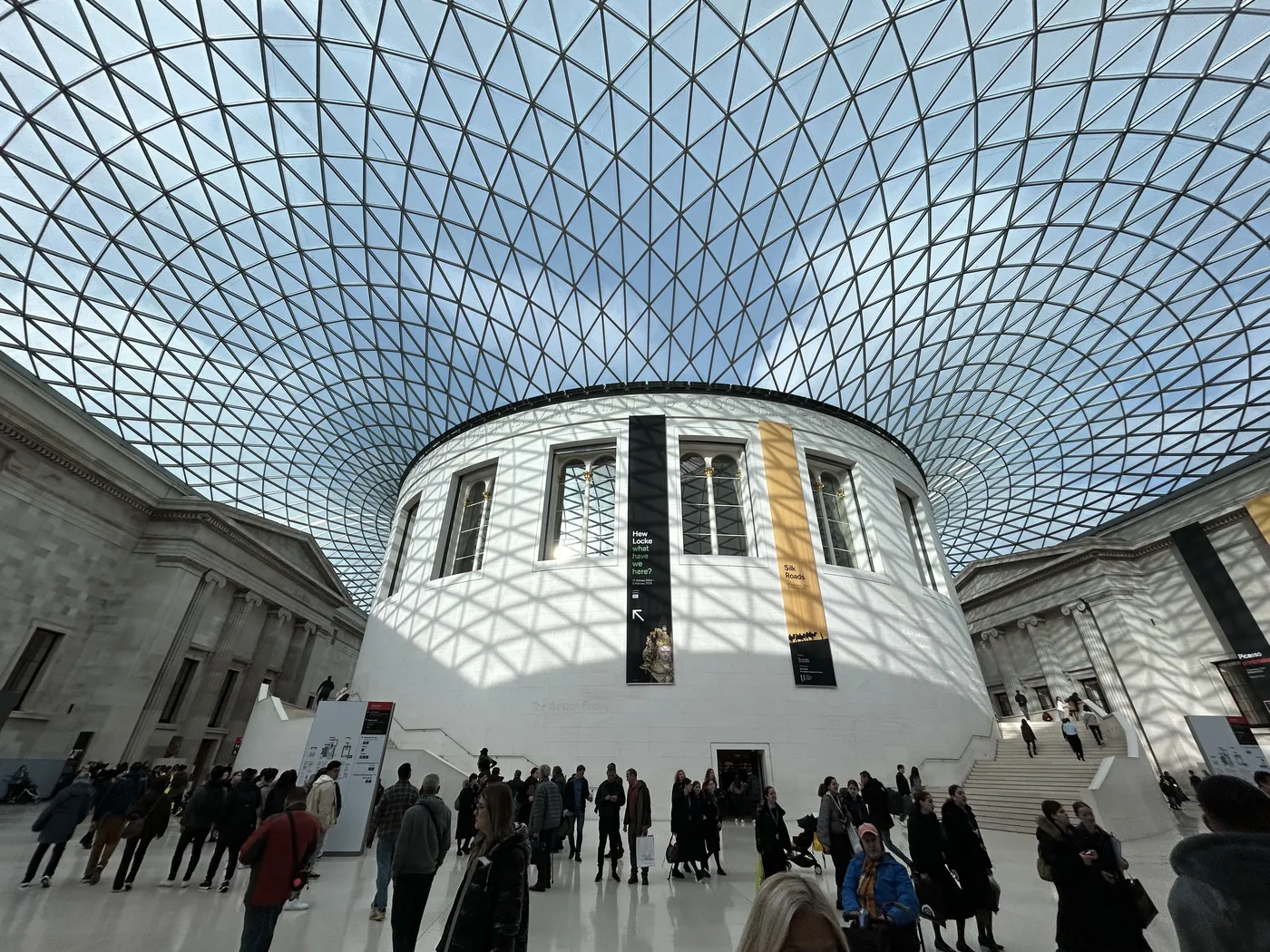 The Great Court of the British Museum with its glass roof and round Reading Room