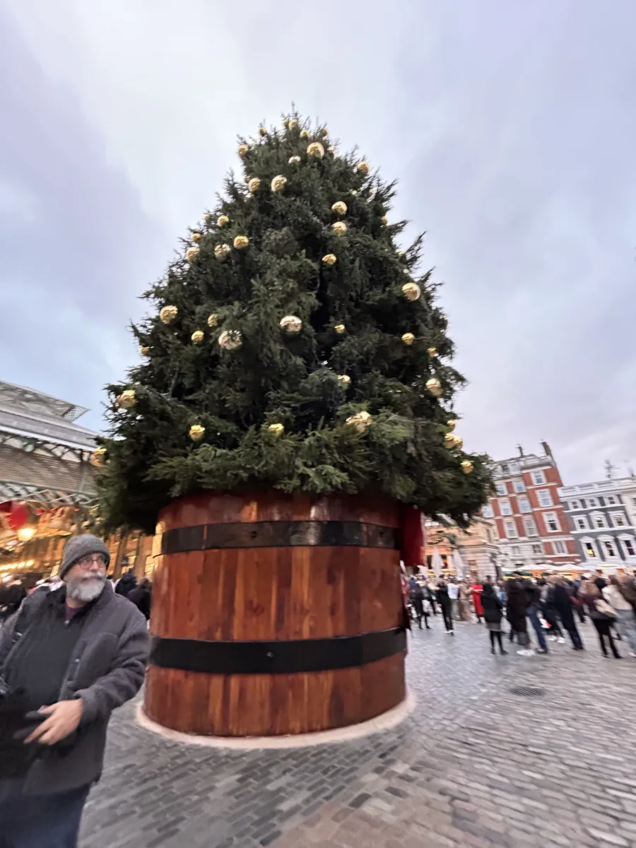Giant Christmas tree in a wooden barrel in Covent Garden