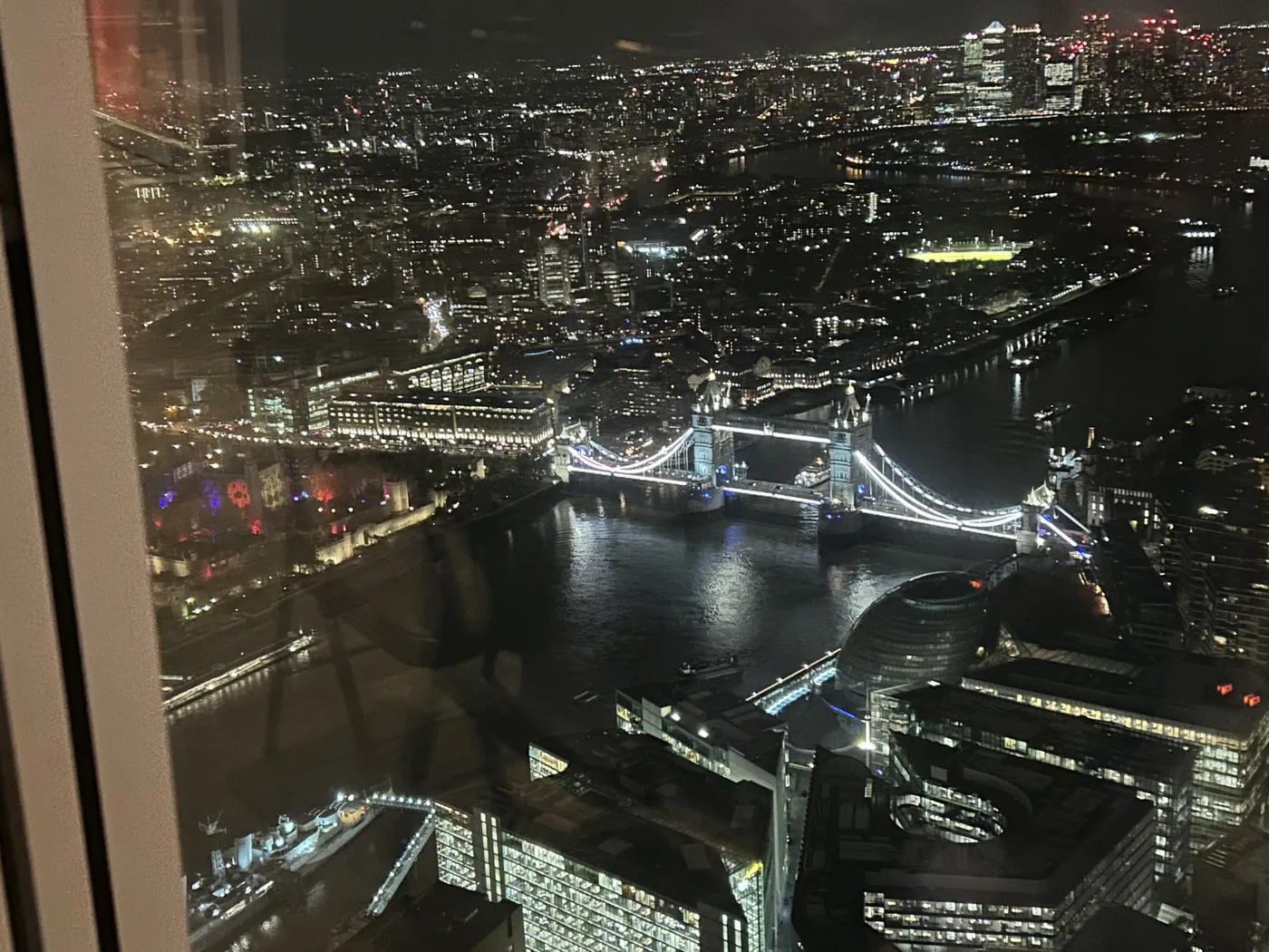 London at night from the Shard with Tower Bridge and the Thames below