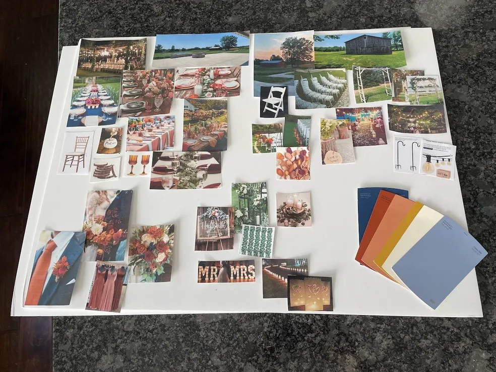 Our wedding vision board with color swatches, inspiration photos, and design ideas