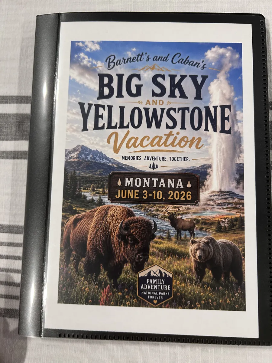 Printed Big Sky and Yellowstone family vacation travel book in a binder
