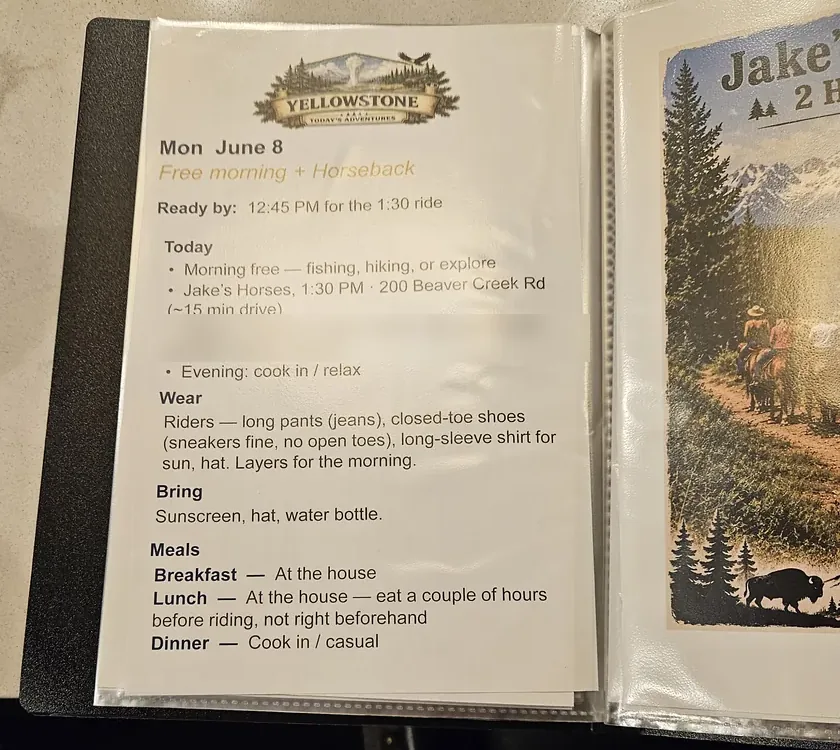 Inside page of the family travel book for Monday, June 8, listing the ready time, Jake's Horses ride, what to wear, what to bring, and meals